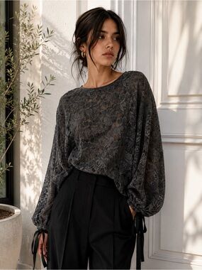 Zara Charcoal Gray Floral Lace Balloon-Sleeve Top